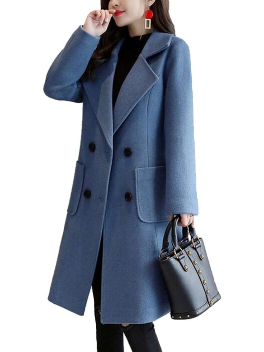Women's Sky Blue Chic Wool Blend Mid-Long Notch Double-Breasted Trench Pea Coat